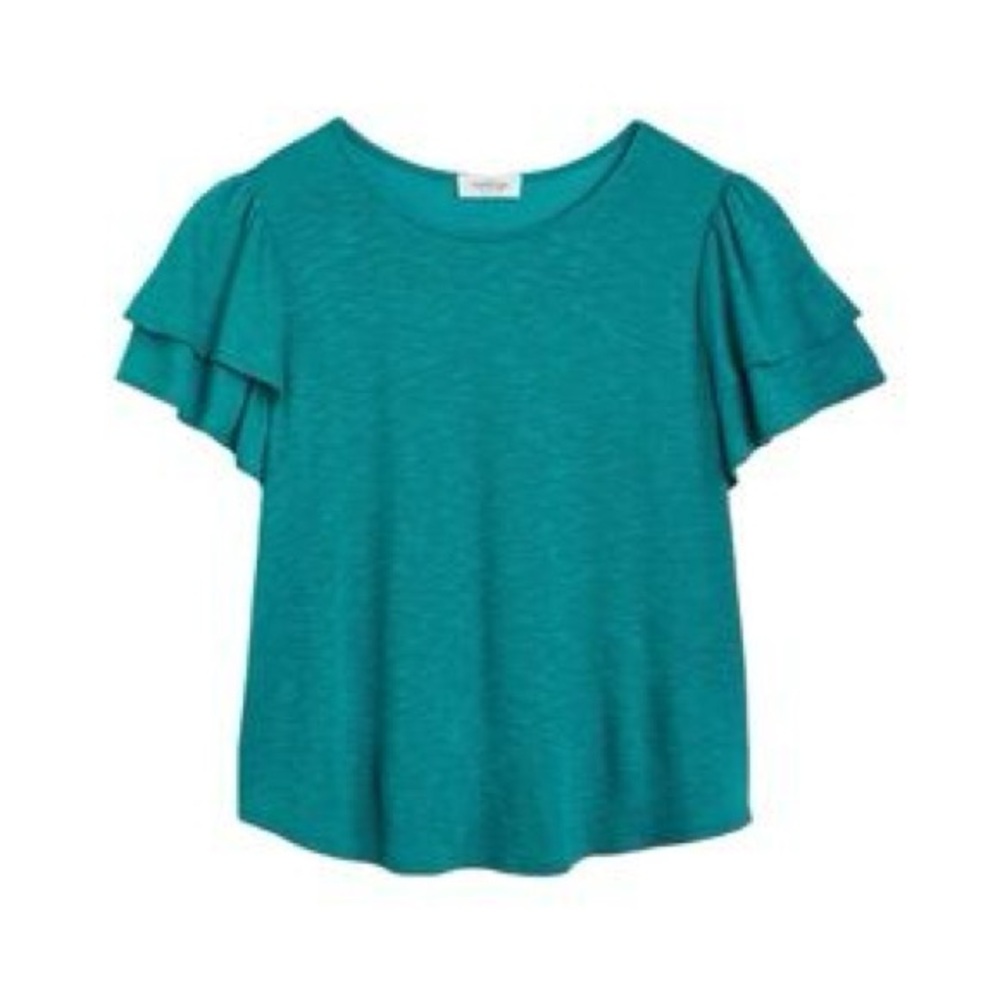 Kaileigh Tina Short Sleeve Ruffle Knit Top Teal Green 3X